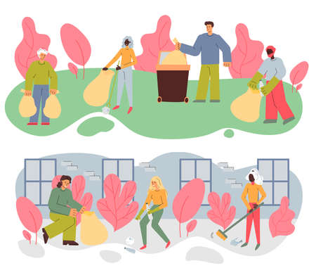 Banners with people cleaning street and park sketch vector illustration isolated.のイラスト素材