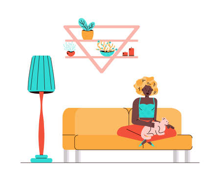 Woman on couch caresses cat, flat vector illustration in sketch style isolated.のイラスト素材