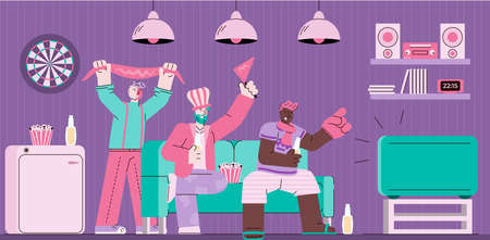 Sport fans watching TV on sofa - friend group of cartoon man in fan gearのイラスト素材