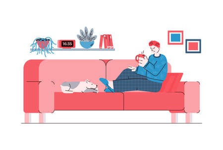 Cartoon man sitting on sofa with cup of tea and sleeping dog.のイラスト素材