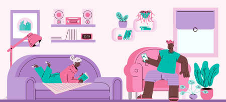 Cartoon man and woman relaxing in living room reading a book and using smartphone.のイラスト素材