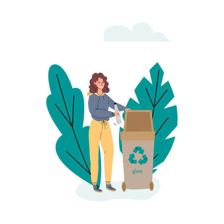 Woman putting plastic bottle in trash bin, sketch vector illustration isolated.のイラスト素材