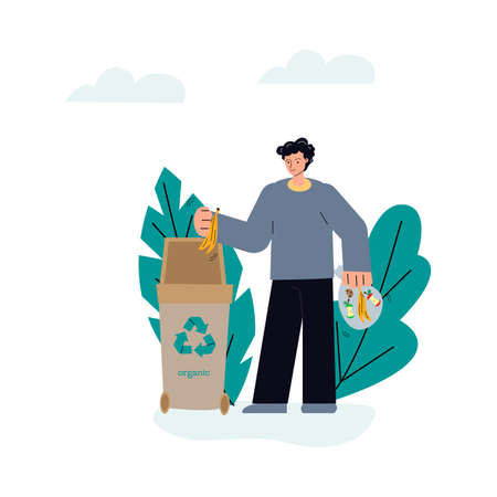 Man recycling food waste in in garbage can with recycle signのイラスト素材