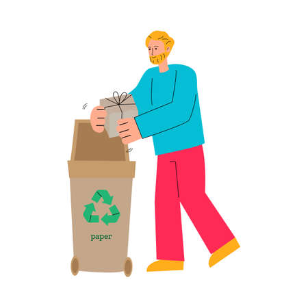 Cartoon man putting cardboard gift box in paper recycling binのイラスト素材