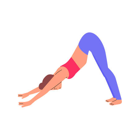 Cartoon woman in downward facing dog yoga pose - stretching fitness exercise.のイラスト素材