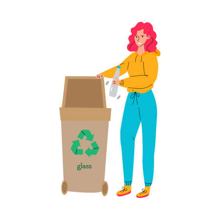 Recycling with girl puts waste for reclamation vector illustration isolated.のイラスト素材