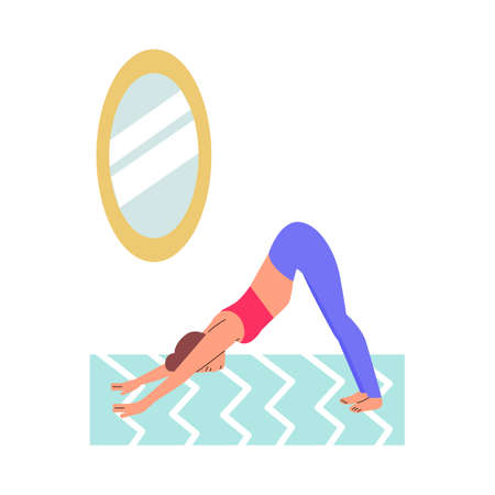 Woman character practising yoga at home sketch vector illustration isolated.のイラスト素材