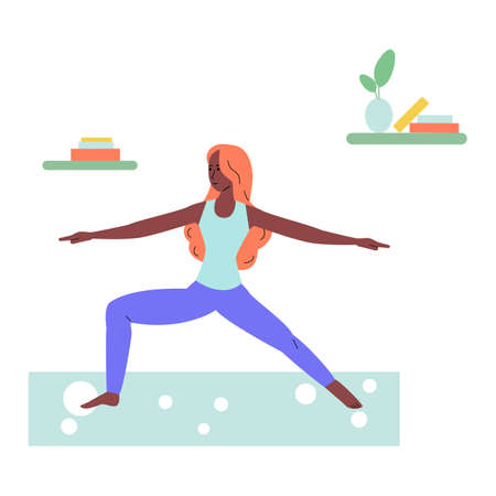 Cartoon woman standing in warrior yoga pose - girl doing fitness exerciseのイラスト素材