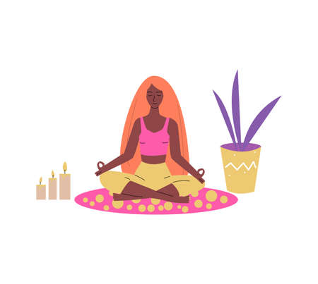 Woman sitting in meditation lotus pose sketch vector illustration isolated.のイラスト素材