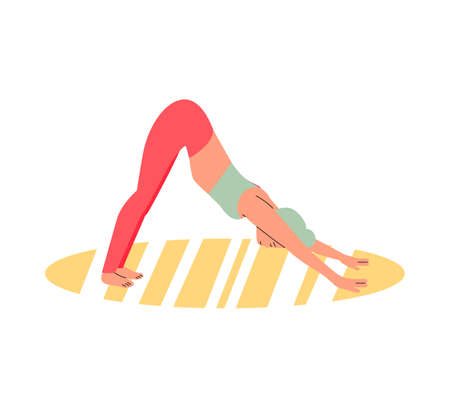 Slim sporty woman character in yoga dog asana flat vector illustration isolated.のイラスト素材