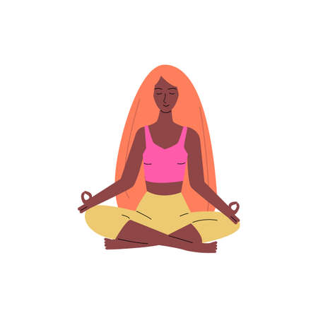 Cartoon woman sitting in yoga meditation pose and smilingのイラスト素材