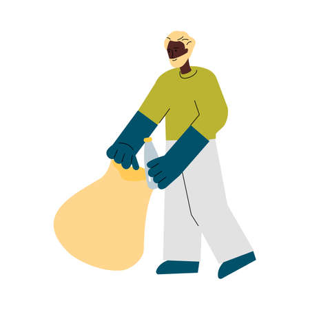 Volunteer man putting plastic bottle in plastic bag. Smiling African guyのイラスト素材