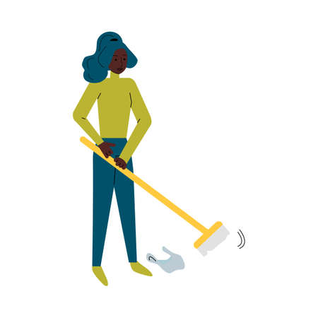 Woman janitor or volunteer sweeping rubbish sketch vector illustration isolated.のイラスト素材