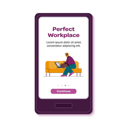 Perfect workplace app - man with laptop working from home on living room sofa.のイラスト素材