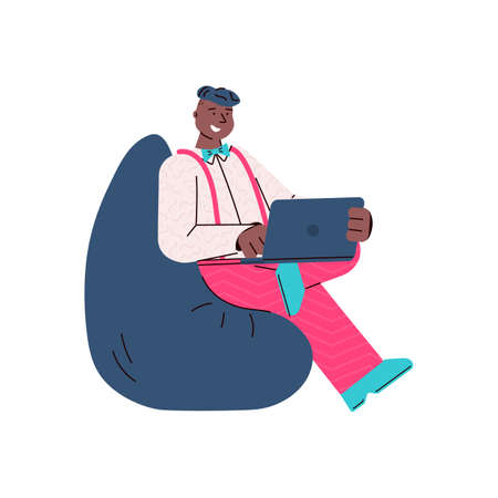 Cartoon man with laptop sitting on bean bag chair and smilingのイラスト素材