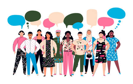 Diversity crowd - diverse group of cartoon people with speech bubblesのイラスト素材