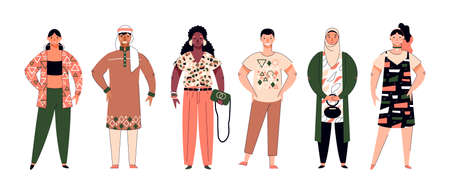 Crowd of multiethnic people cartoon characters, vector illustration isolated.のイラスト素材