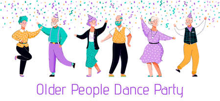 Old people dance party - flat banner with cartoon senior couples dancingのイラスト素材