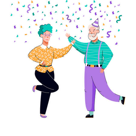 Old couple celebrating and dancing under colorful confettiのイラスト素材