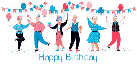 Happy Birthday card with old people dancing and celebrating with party hatsのイラスト素材