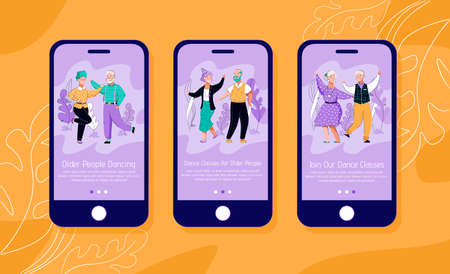 Dance classes for elderly people mobile interface design, vector illustration.のイラスト素材