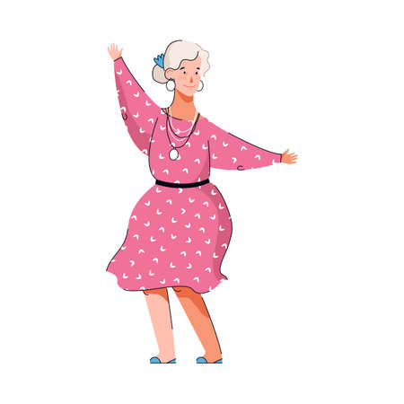 Smiling elderly woman cartoon character dancing, vector illustration isolated.のイラスト素材