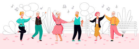 Old people dancing in park - cartoon senior couples doing dance movesのイラスト素材
