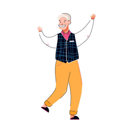 Cute bearded elderly man dancing and smiling, vector illustration isolated.のイラスト素材