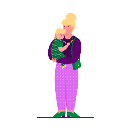 Mother holding scared little child and comforting him in his armsのイラスト素材