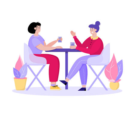 Two women in cafe talking and having drinks - female cartoon friendsのイラスト素材
