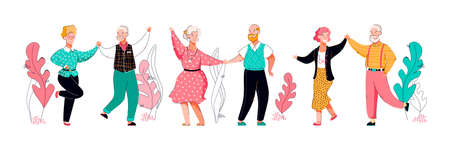 Elderly happy people cartoon characters dance vector illustration isolated.のイラスト素材