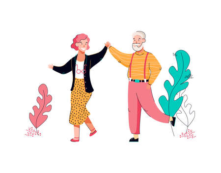 Senior grandmother and grandfather dancing cartoon vector illustration isolated.のイラスト素材