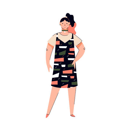 Cartoon Asian woman posing in dress isolated on white backgroundのイラスト素材