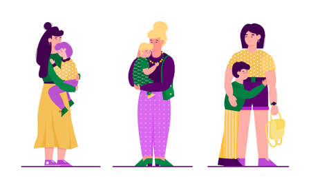 Mother with child - set of three families with cartoon people hugging.のイラスト素材
