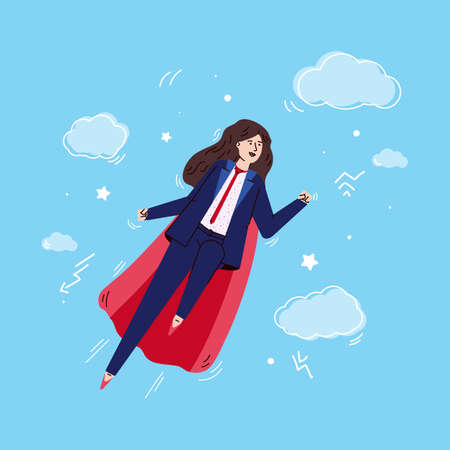 Super heroine woman in red cape and business suit, sketch vector illustration.のイラスト素材