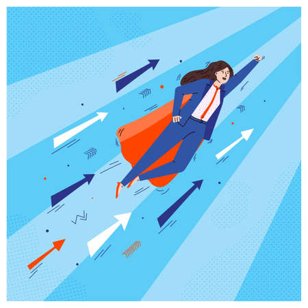 Super hero business woman flying on air with growth arrowsのイラスト素材