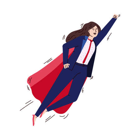 Flying business woman in superhero cape, sketch vector illustration isolated.のイラスト素材