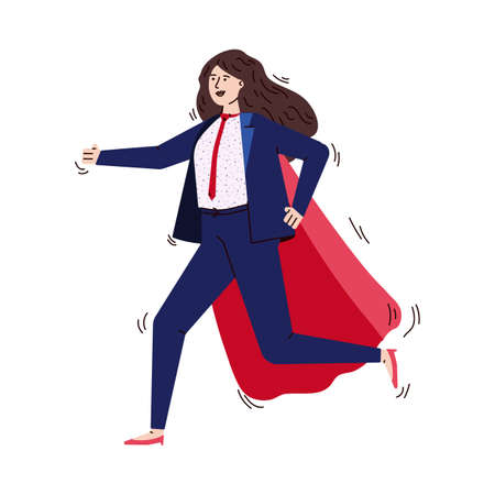Running business woman in superhero cape cartoon vector illustration isolated.のイラスト素材