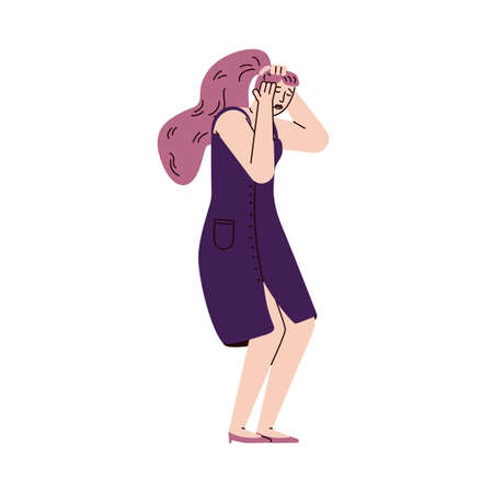 Sad person with depression - unhappy cartoon woman holding her headのイラスト素材