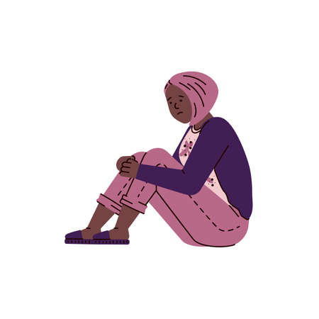 Sad depressed woman sitting on floor, sketch vector illustration isolated.のイラスト素材