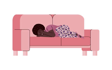 Sad woman with depression crying on a sofa - depressed cartoon personのイラスト素材