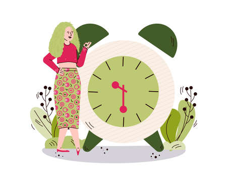 Woman character on backdrop of alarm clock, sketch vector illustration isolated.のイラスト素材