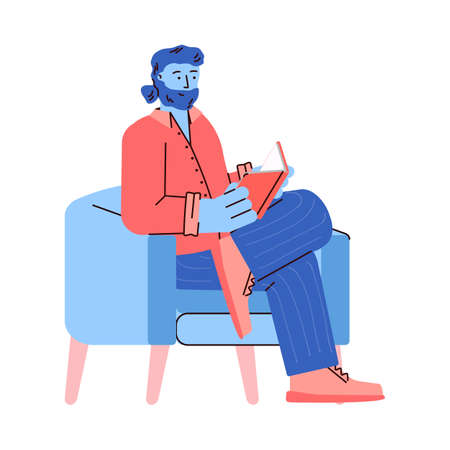 Reading bearded man sitting in chair with book, vector illustration isolated.のイラスト素材