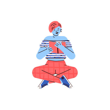 Reading woman sitting on floor with book, sketch vector illustration isolated.のイラスト素材
