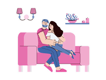 Young loving couple sitting on sofa hugging, vector illustration isolated.のイラスト素材