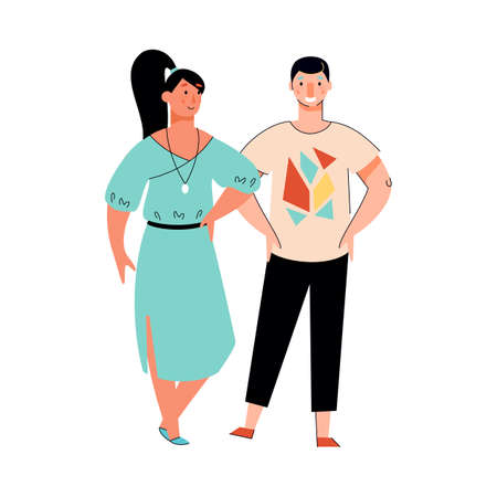 Couple of young people cartoon characters, sketch vector illustration isolated.のイラスト素材