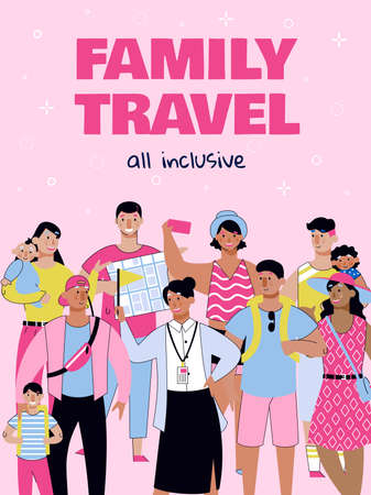 All inclusive family travel poster with cartoon people on summer vacationのイラスト素材