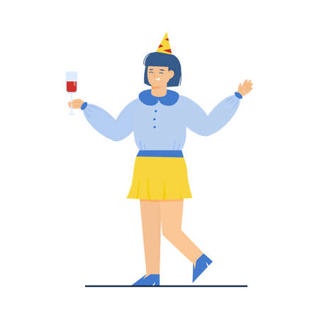 Happy woman in holiday hat and with drink, sketch vector illustration isolated.のイラスト素材