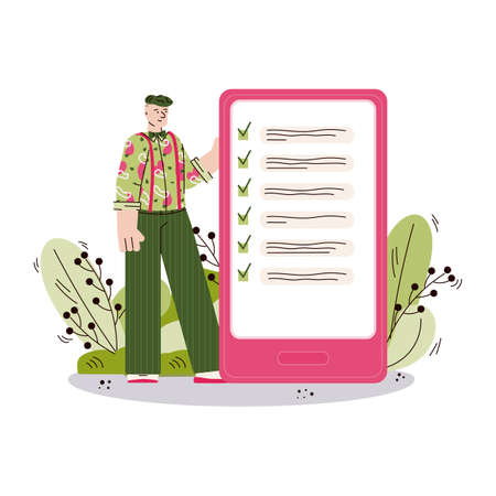 Cartoon man looking at finished to do list on smartphone screen and smilingのイラスト素材