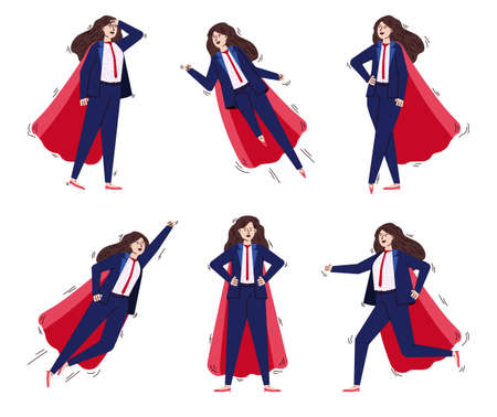 Set business women in superhero cape and suit, vector illustration isolated.のイラスト素材